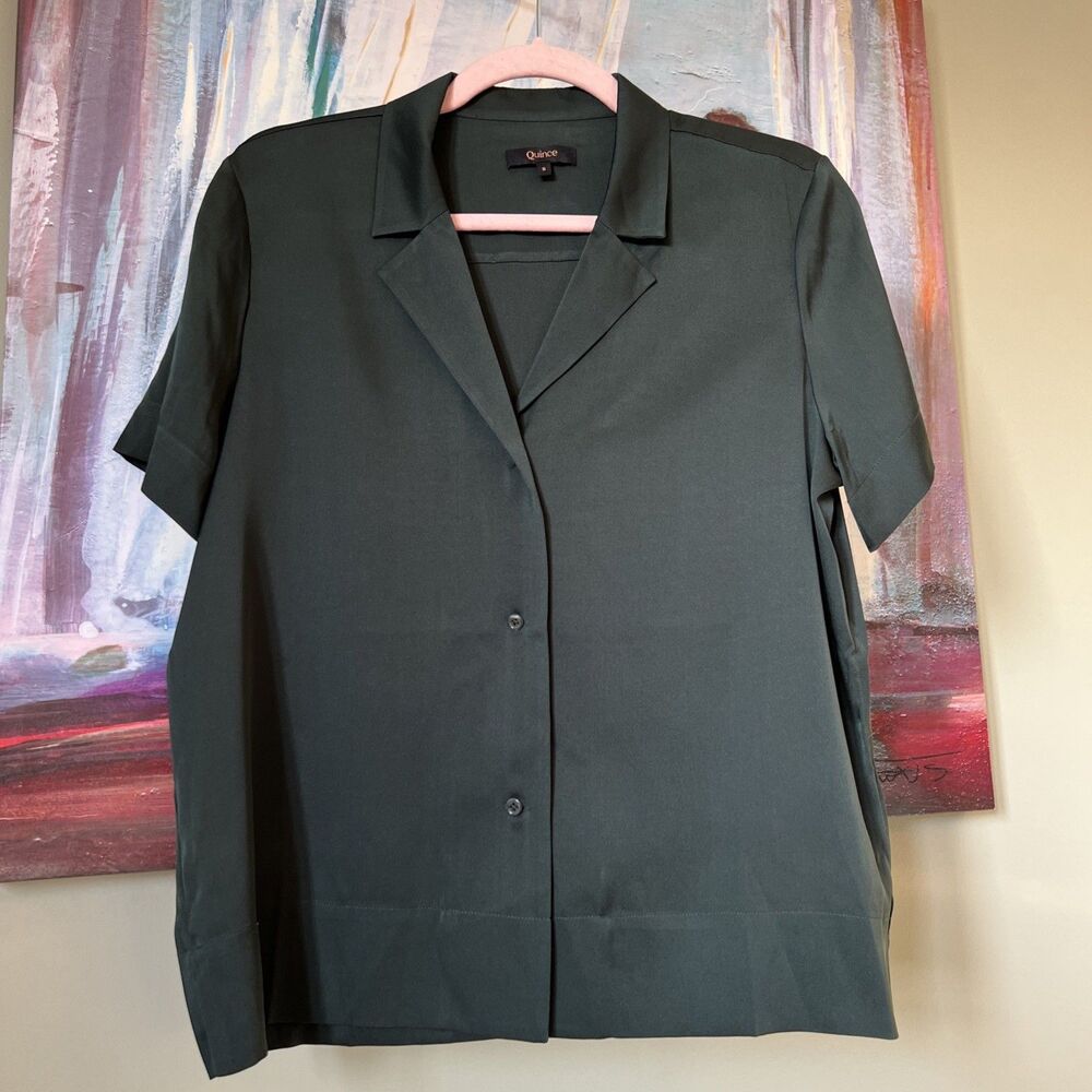 Quince Women's Silk Blouse Size S Green Stretch Short Sleeve Notch Washable